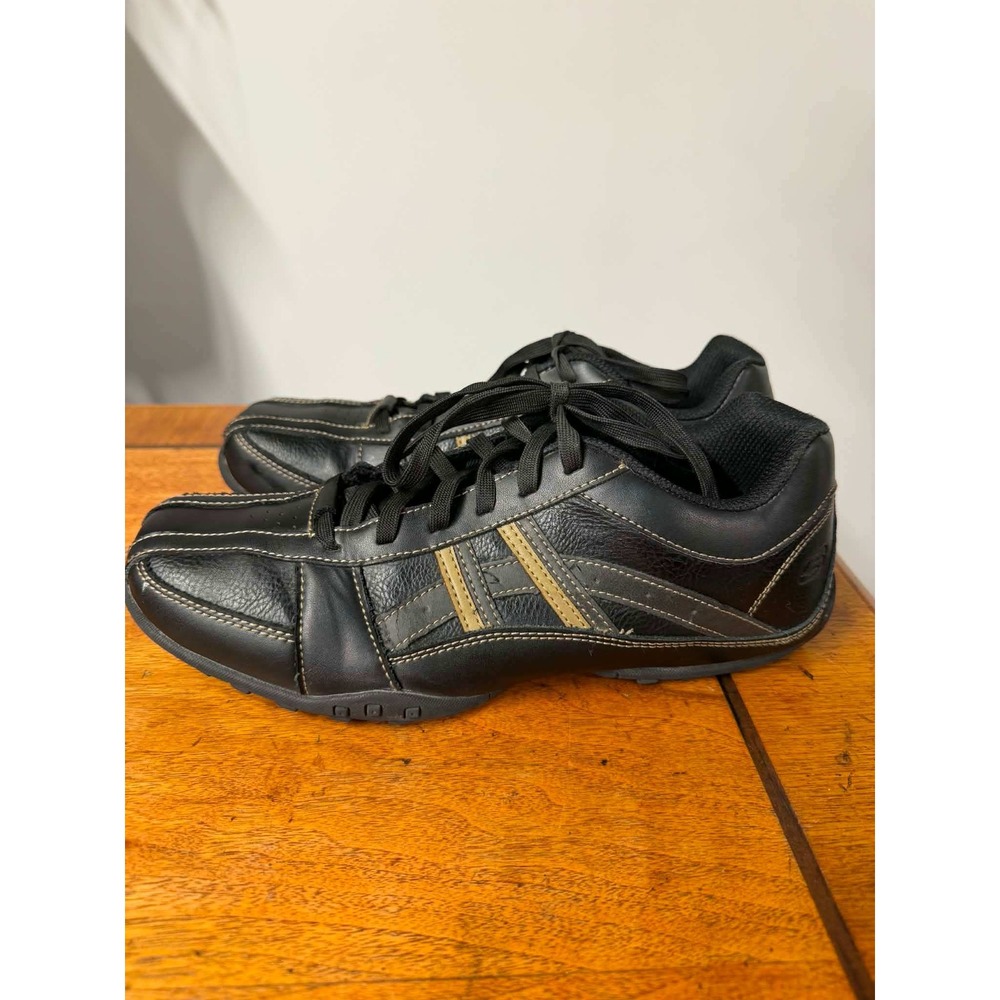 Skechers Mens 10 Black Leather Sneaker Casual Contrast Stitch Lace Up Low Top